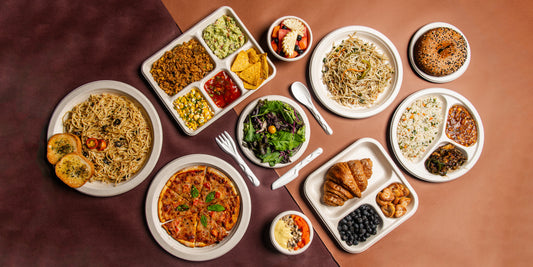 Bagasse Tablewares with filled up with different type of foods