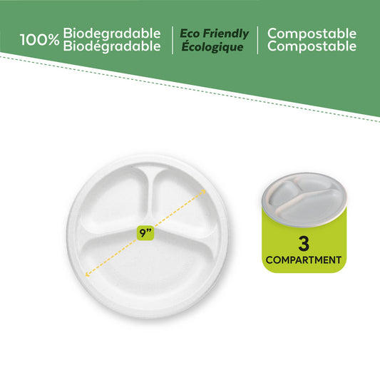 EcoPaack Bagasse 9" Round Plate 3 Compartments