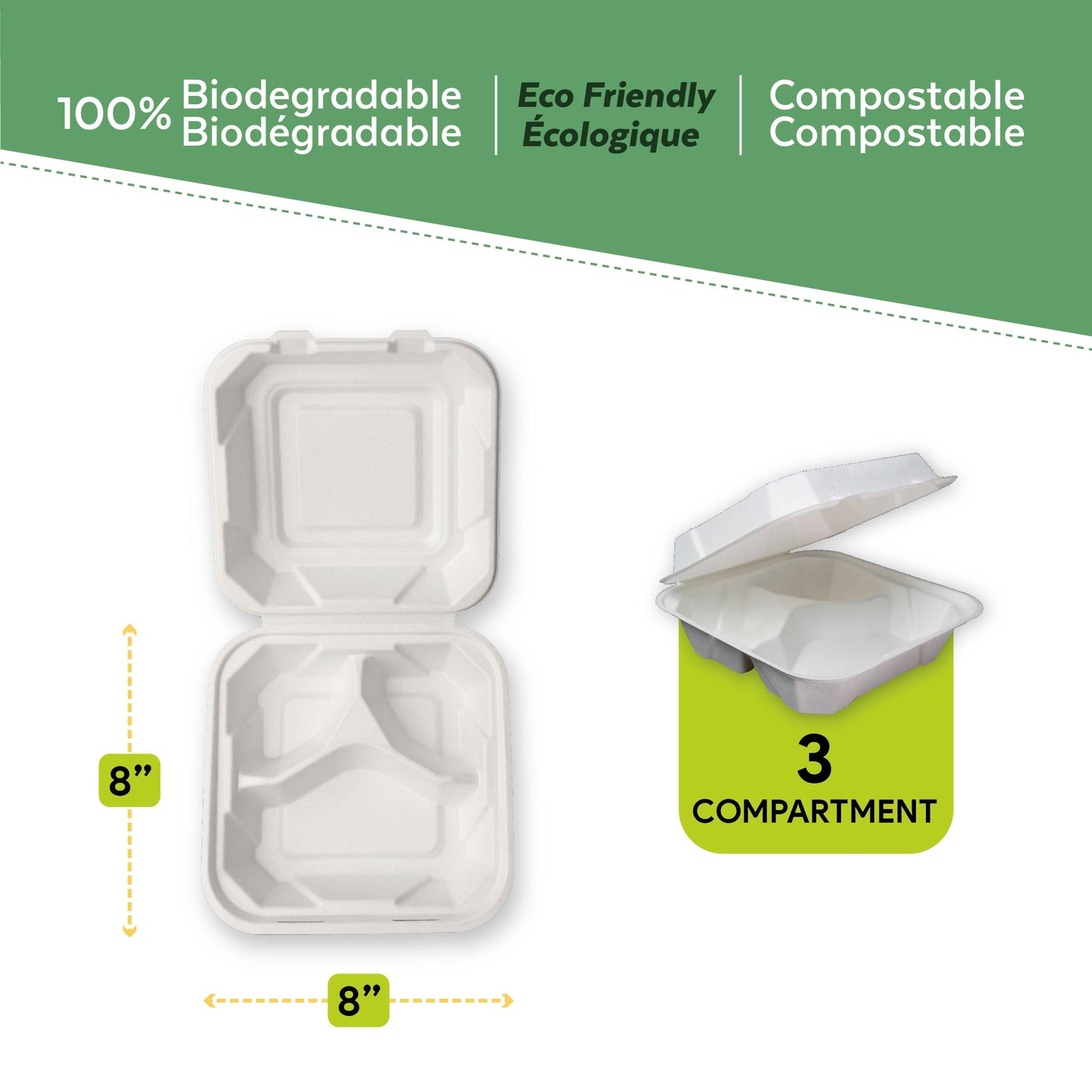 Bagasse Clamshell Container 8"x8"x3" with measurement from EcoPaack