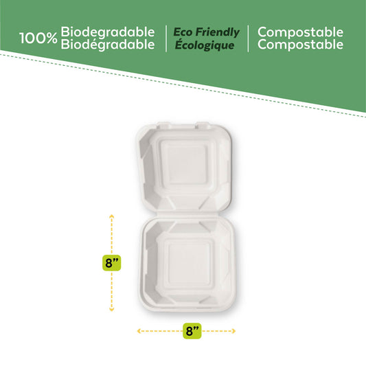 100% Compostable Bagasse Clamshell container 8x8