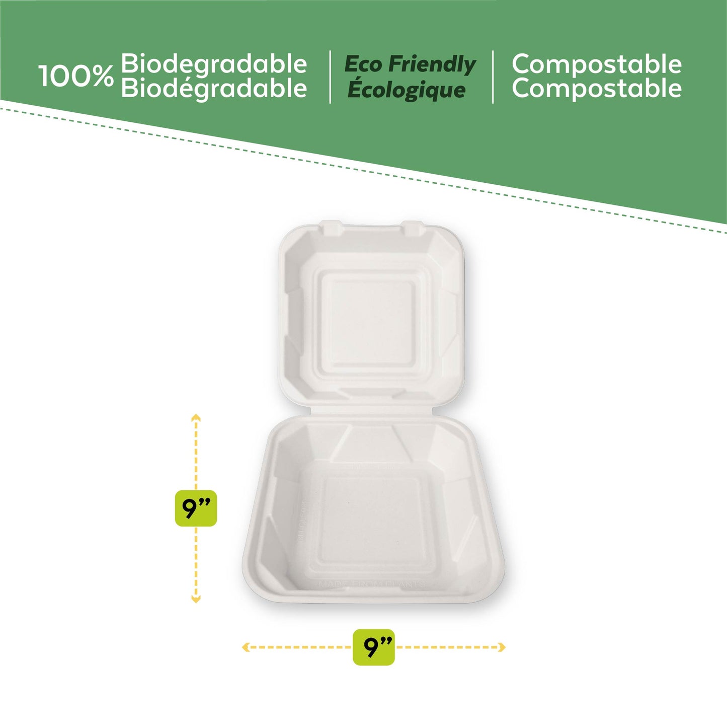 Bagasse Clamshell Container 9"x9"x3" with measurements from EcoPaack