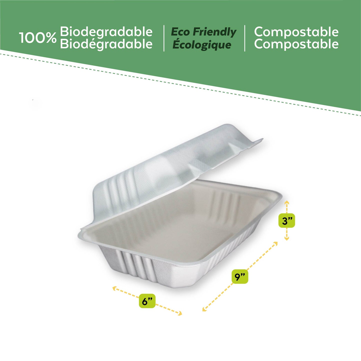 Bagasse Clamshell Container 9"x6"x3" with measurements from EcoPaack