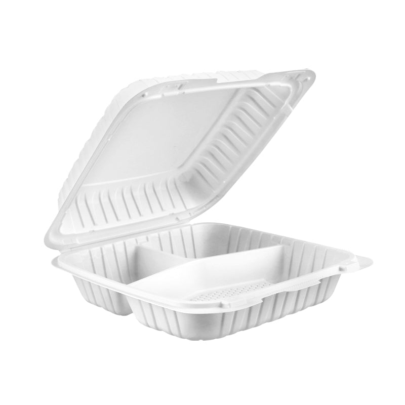 9" x 9" 3 Compartment MFPP Take-Out Container - White - 150pcs