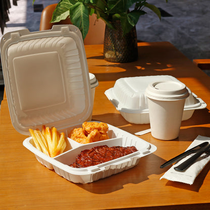 9" x 9" 3 Compartment MFPP Take-Out Container - White - 150pcs